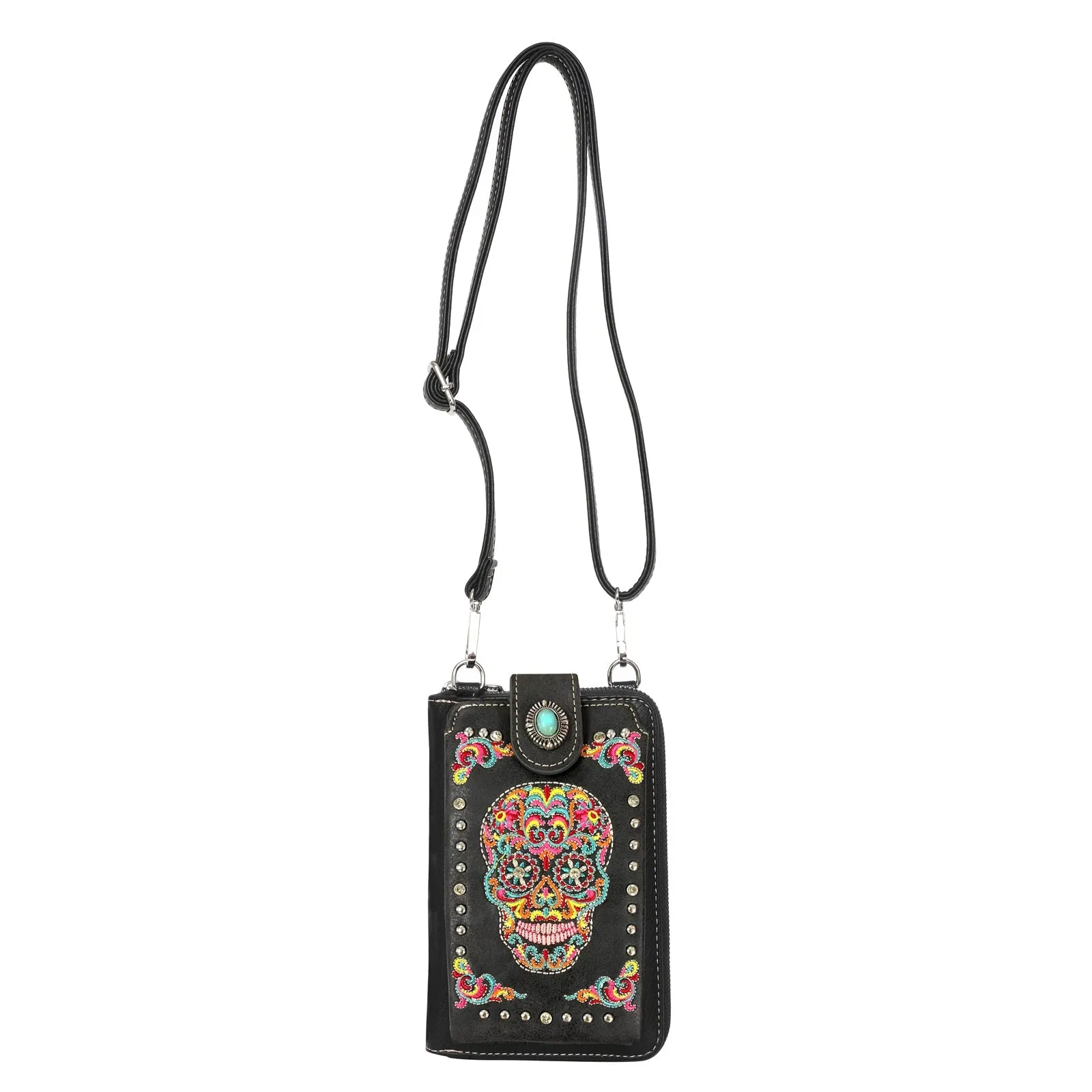 American Bling Turquoise Embroidered Sugar Skull Crossbody Phone Wallet