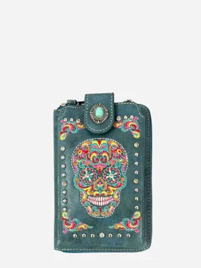 American Bling Turquoise Embroidered Sugar Skull Crossbody Phone Wallet