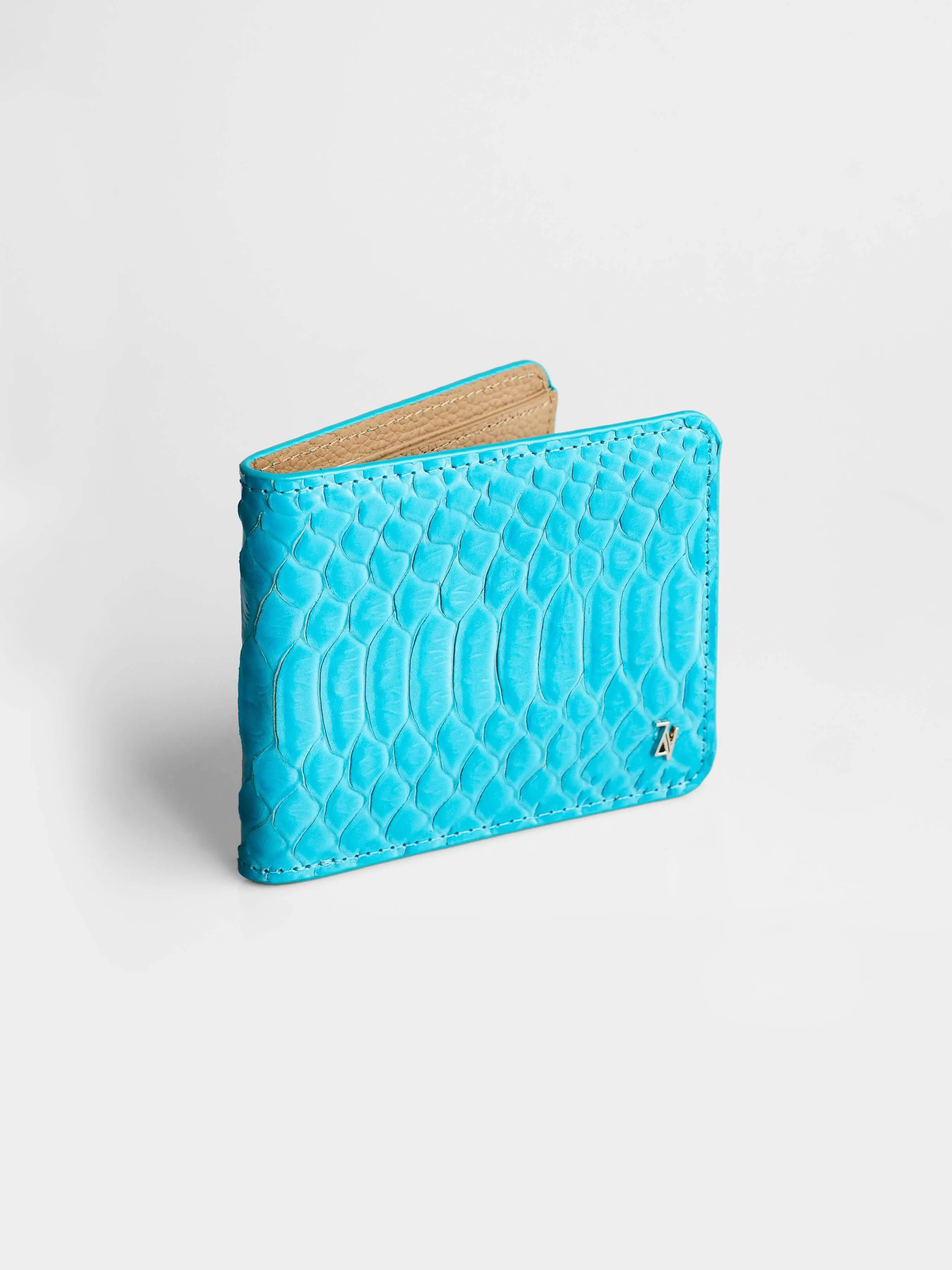 Artemis Python Wallet - Aqua and Beige Leather