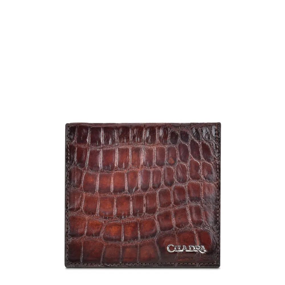 B3027AP - Cuadra chocolate classic full alligator leather tri fold wallet for men