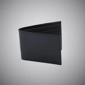 Black Lizard Skin Embossed Calf Leather Wallet With Black Suede Interior