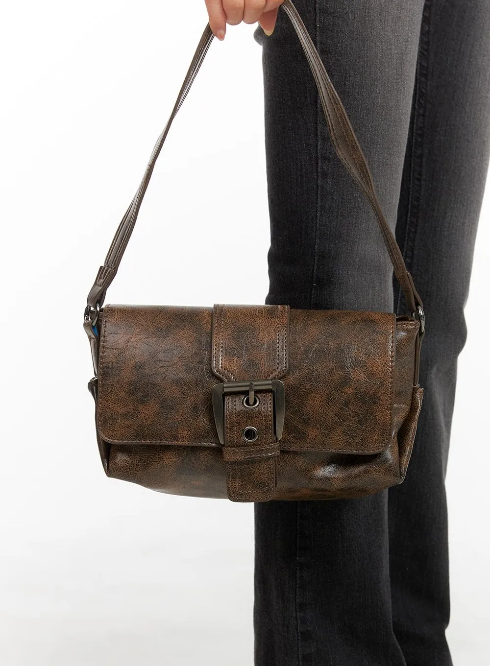 Buckle Washed Faux Leather Shoulder Bag CA403