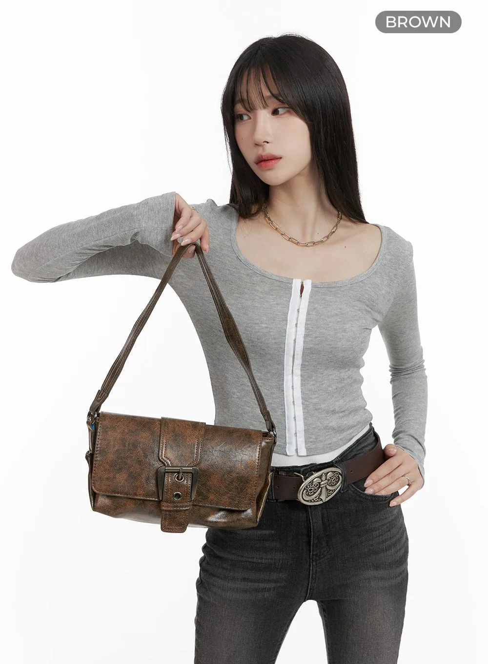 Buckle Washed Faux Leather Shoulder Bag CA403