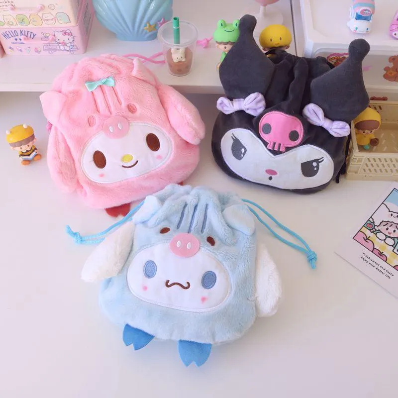 Cartoon Stuffed Animals Melody Cinnamorol Kirby Kuromi Plush Bag Kawaii Cute Soft Drawstring Pocket Coin Purse Plushie Toys Gift