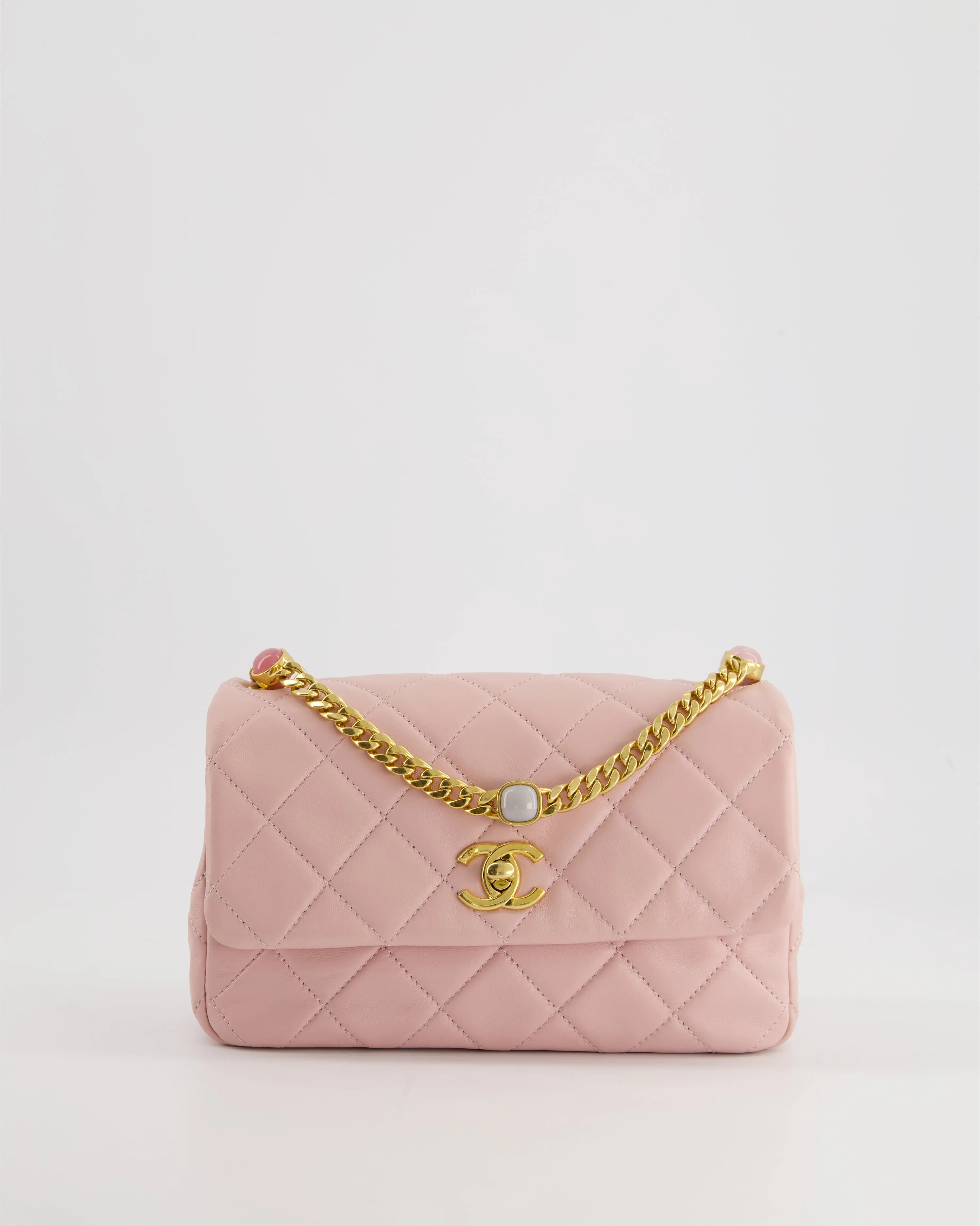 Chanel Baby Mini Flap Bag With Pastel Embellished Chain Detail In Lambskin Leather And Gold Hardware