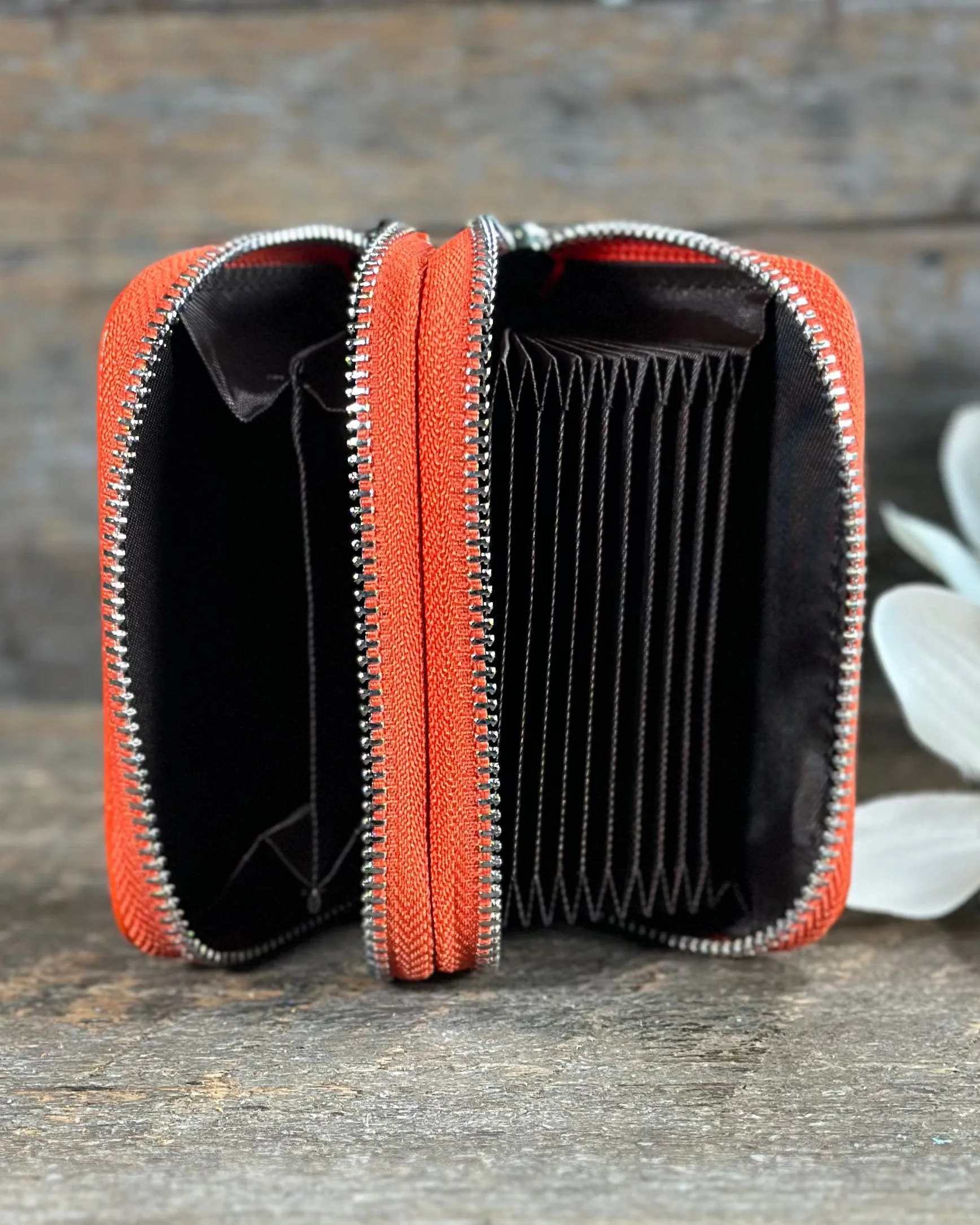 Double Zipped Leather Card Holder Purse - Orange