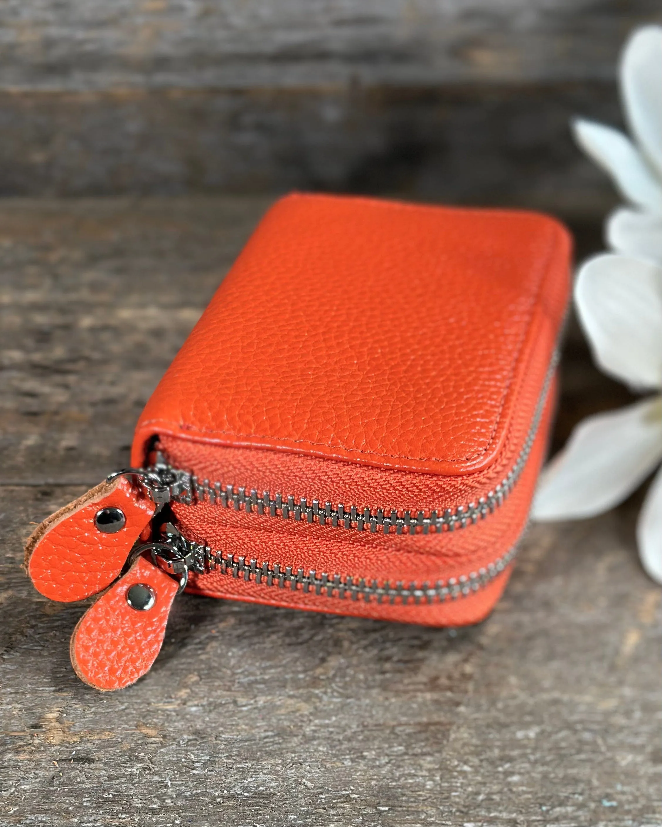 Double Zipped Leather Card Holder Purse - Orange