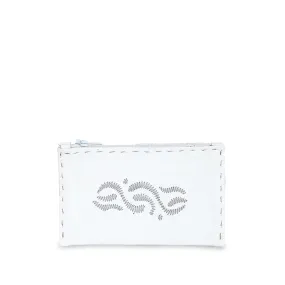 Embroidered Leather Coin Wallet in White, Silver