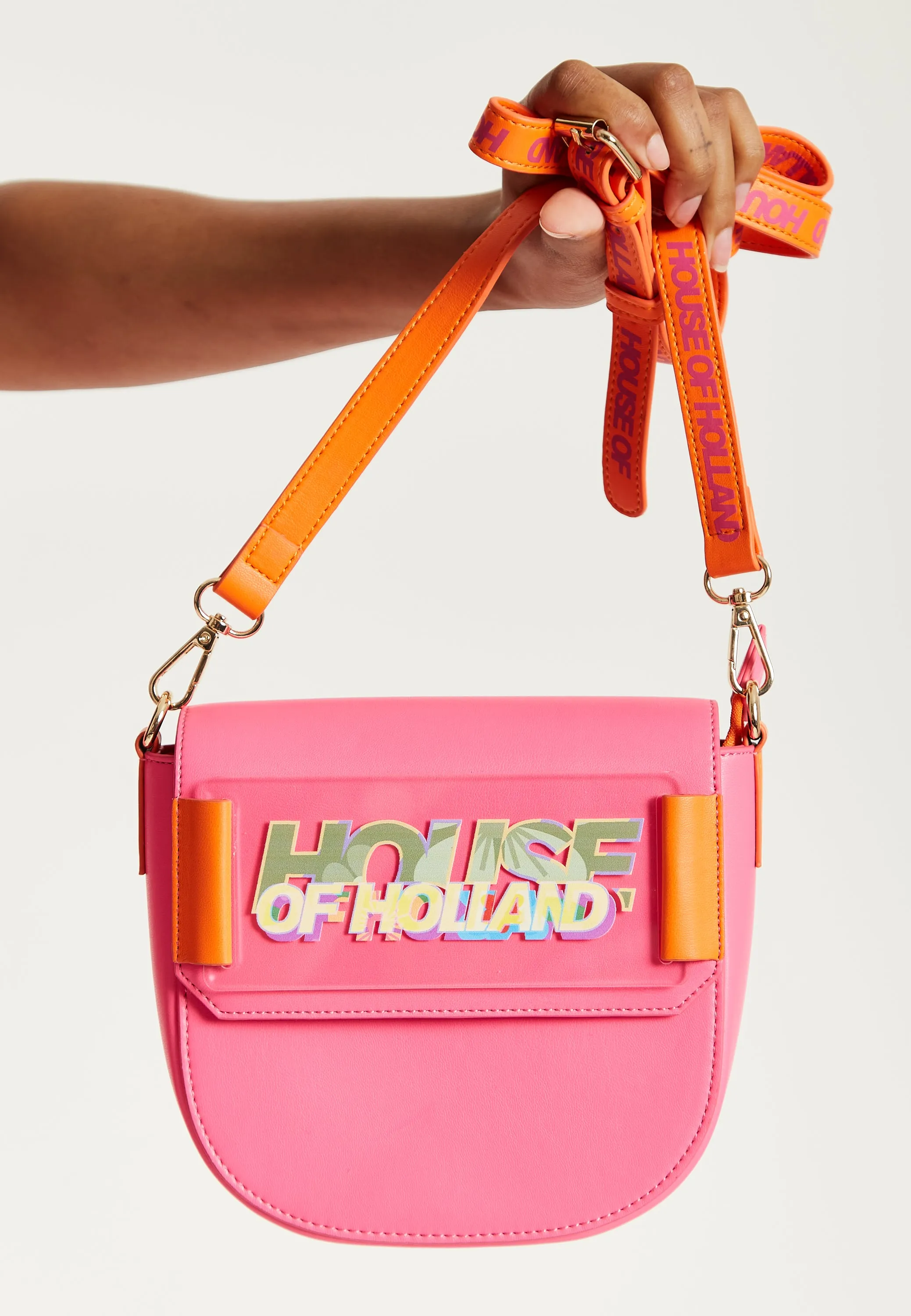 House Of Holland Pink and Orange Crossbody Bag With Logo Printed Acrylic Front