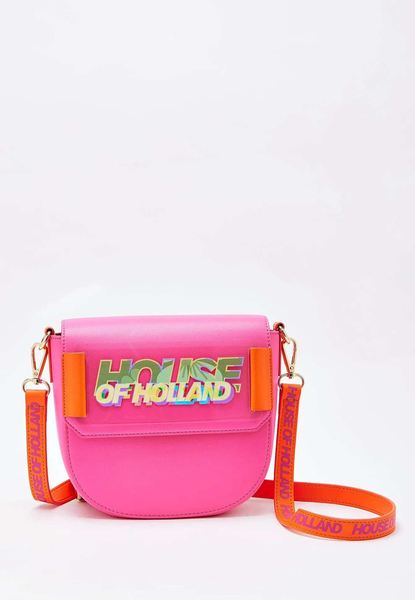 House Of Holland Pink and Orange Crossbody Bag With Logo Printed Acrylic Front