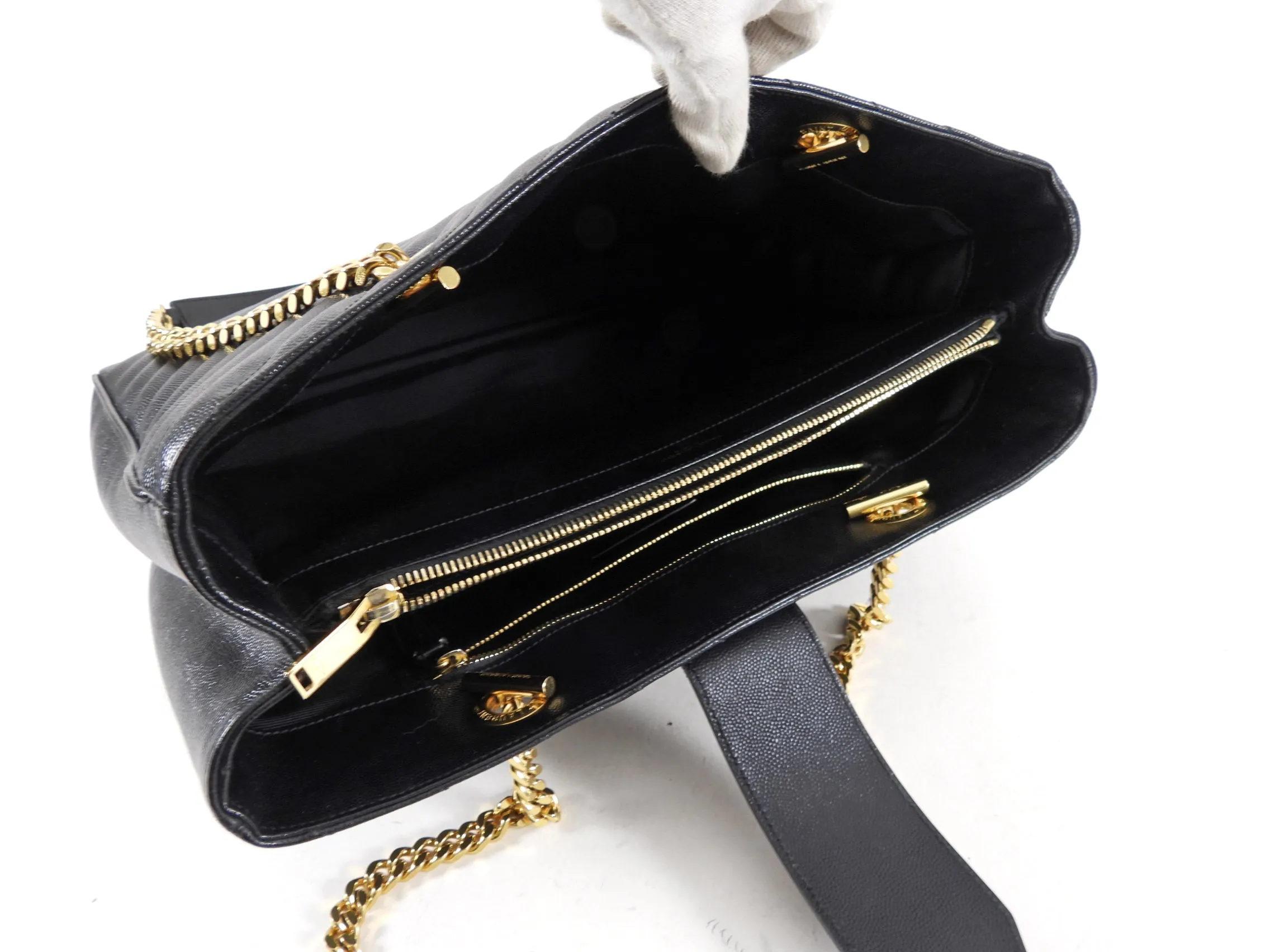 Saint Laurent Black Chevron Chain Shoulder Tote Bag