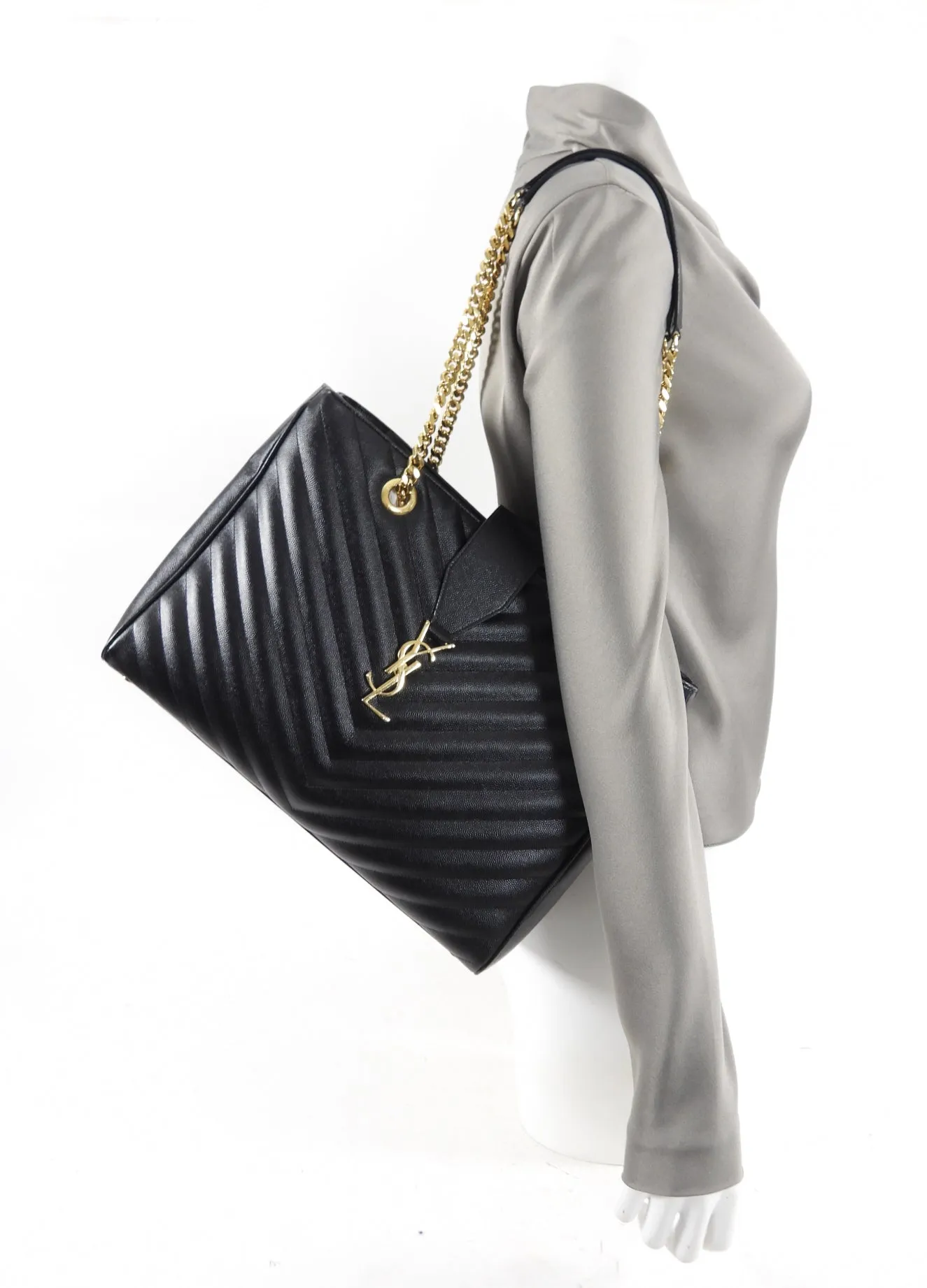 Saint Laurent Black Chevron Chain Shoulder Tote Bag