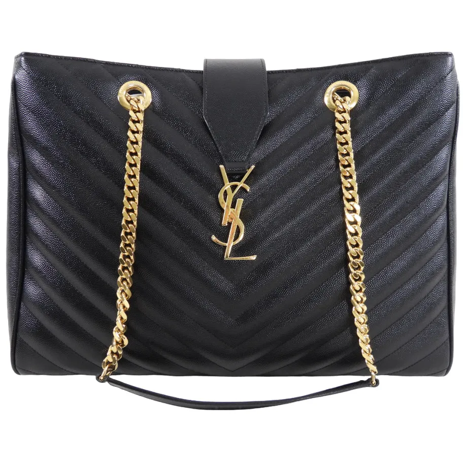 Saint Laurent Black Chevron Chain Shoulder Tote Bag