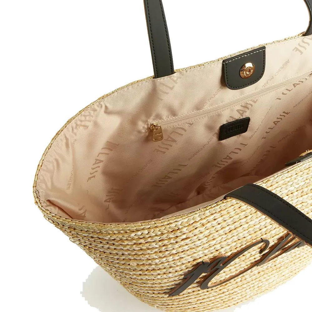 Shopping Bag Grande 1A Classe Alviero Martini linea Island Bag in Paglia con Inserti Neri LA62