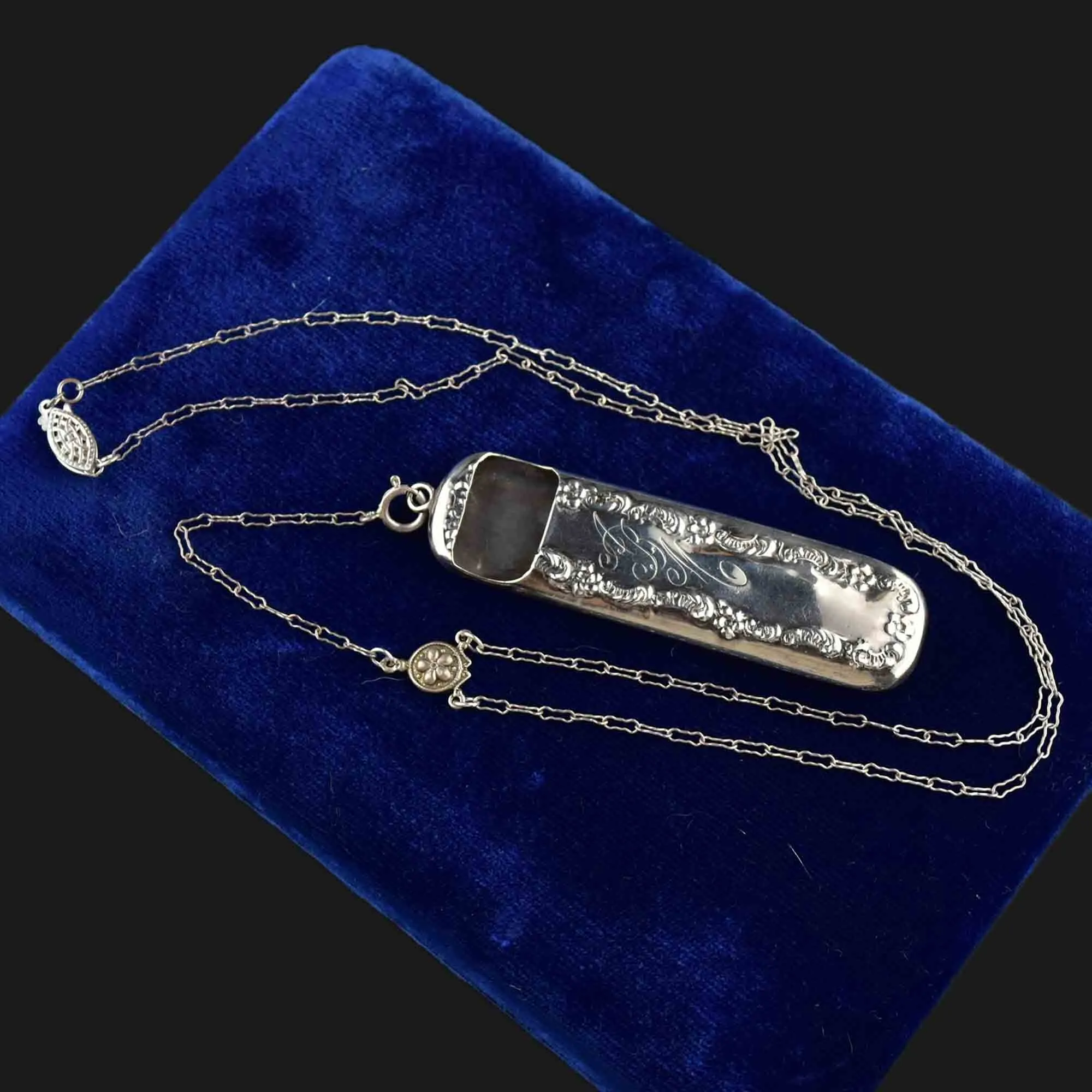 Silver Antique Chatelaine Needle Case Etui Pendant Necklace