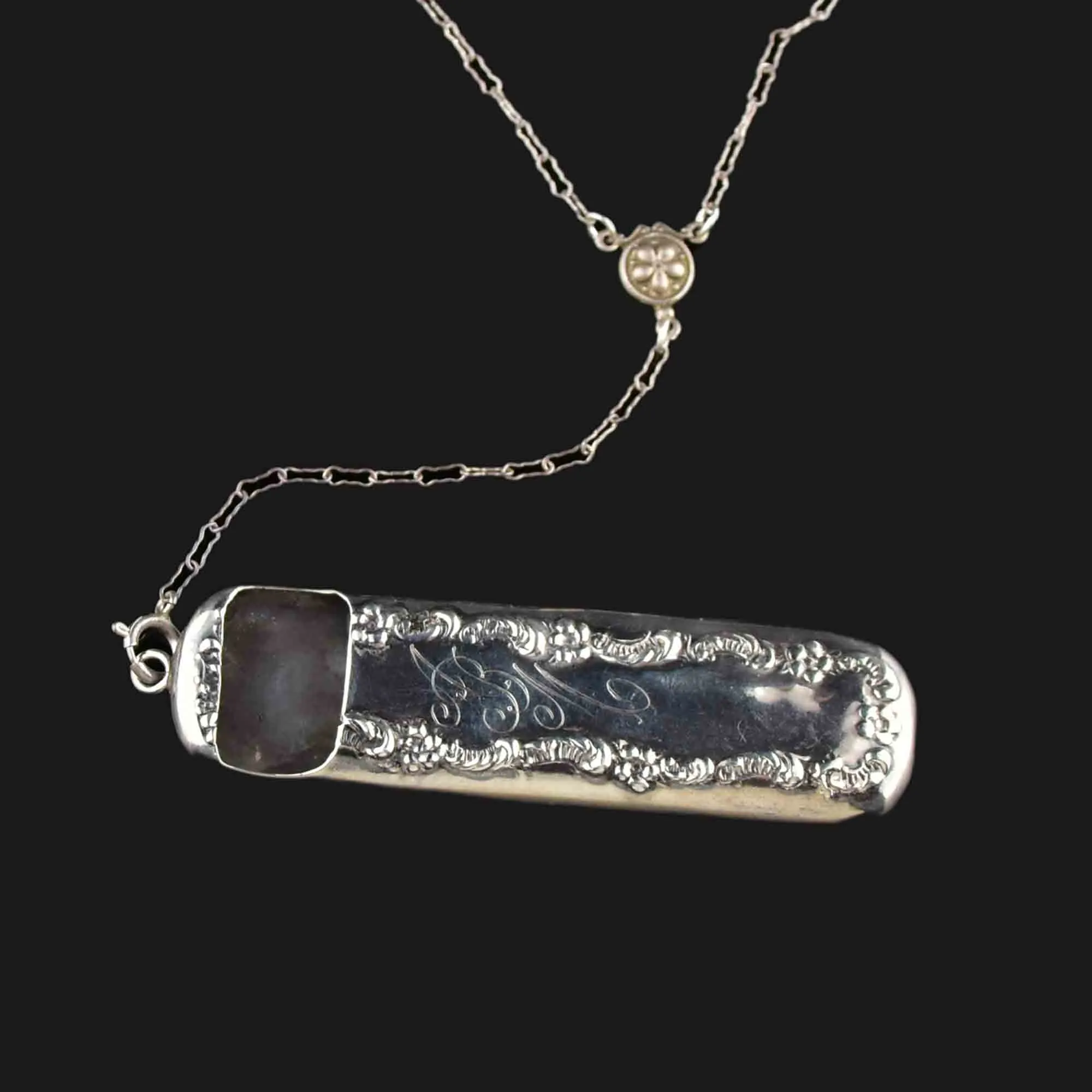 Silver Antique Chatelaine Needle Case Etui Pendant Necklace