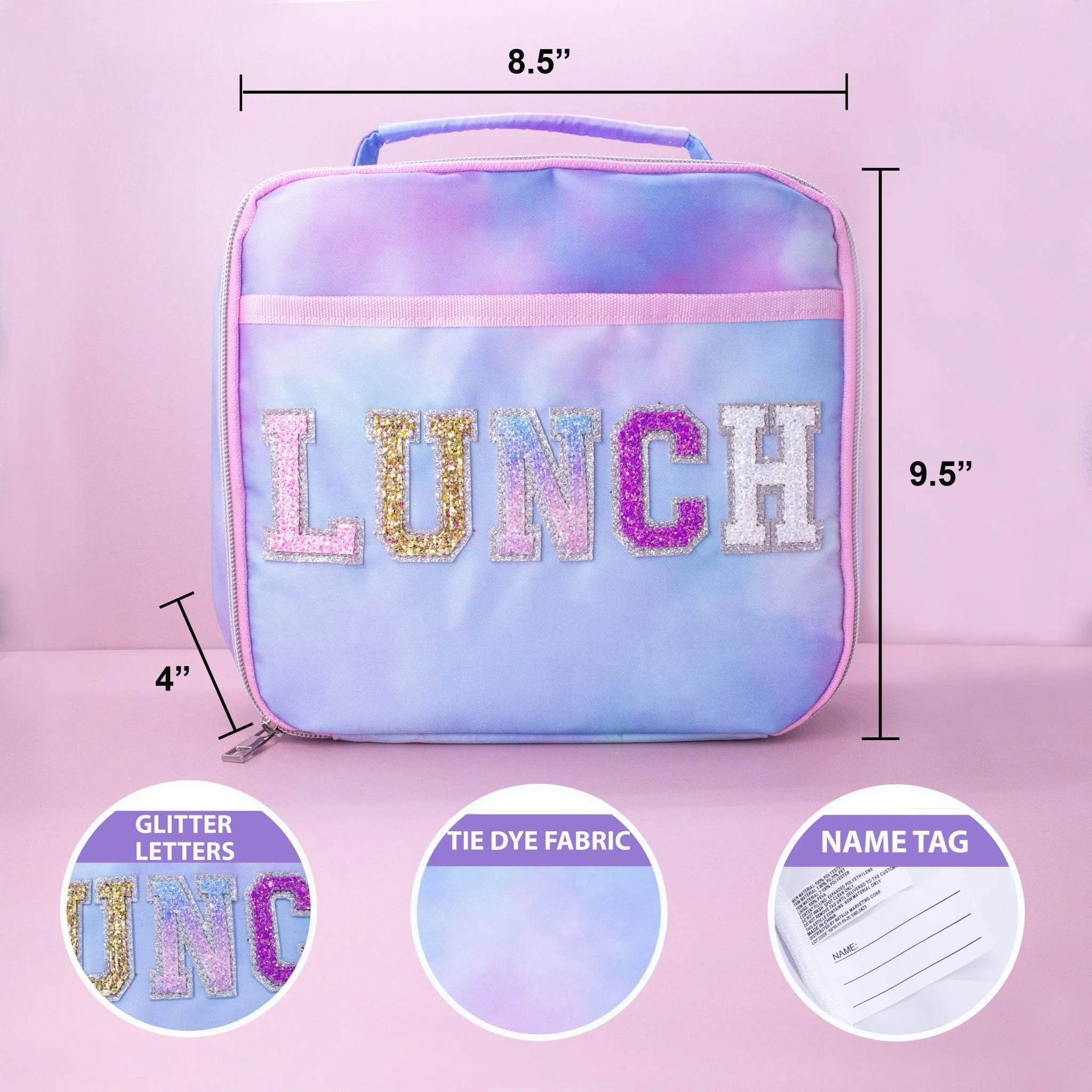 Tie Dye Lunch Box with Glitter Varsity Letter Patches - LUNCH