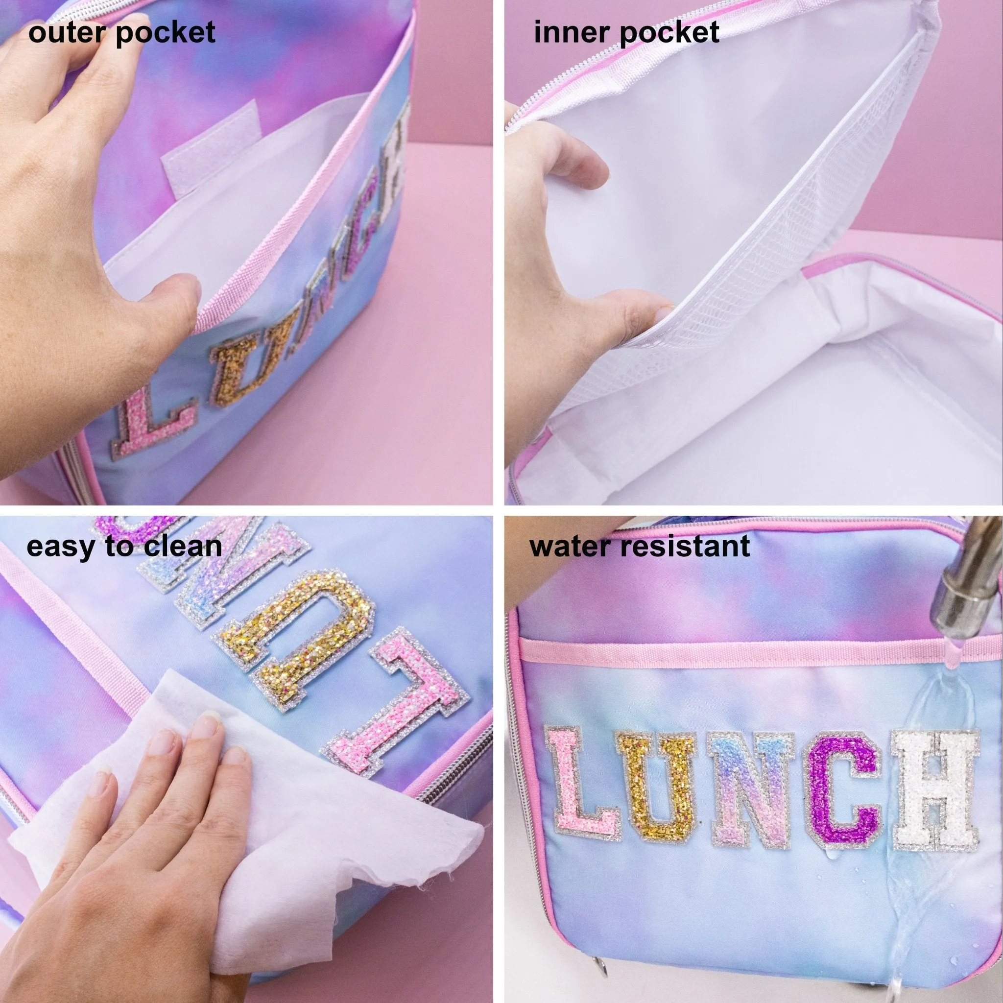 Tie Dye Lunch Box with Glitter Varsity Letter Patches - LUNCH