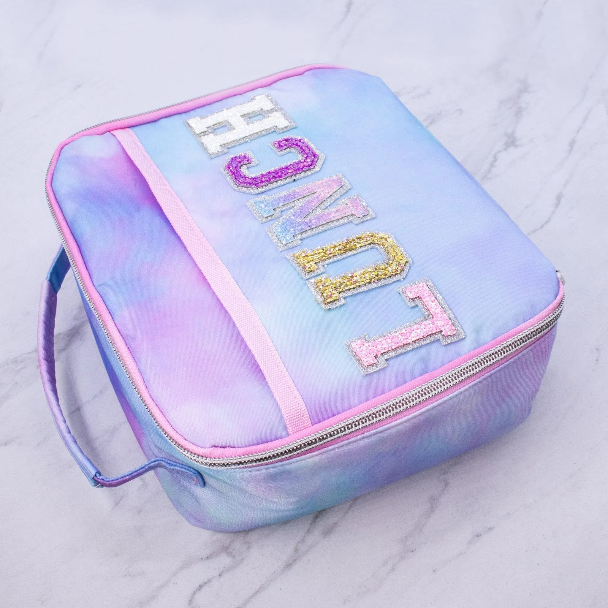 Tie Dye Lunch Box with Glitter Varsity Letter Patches - LUNCH