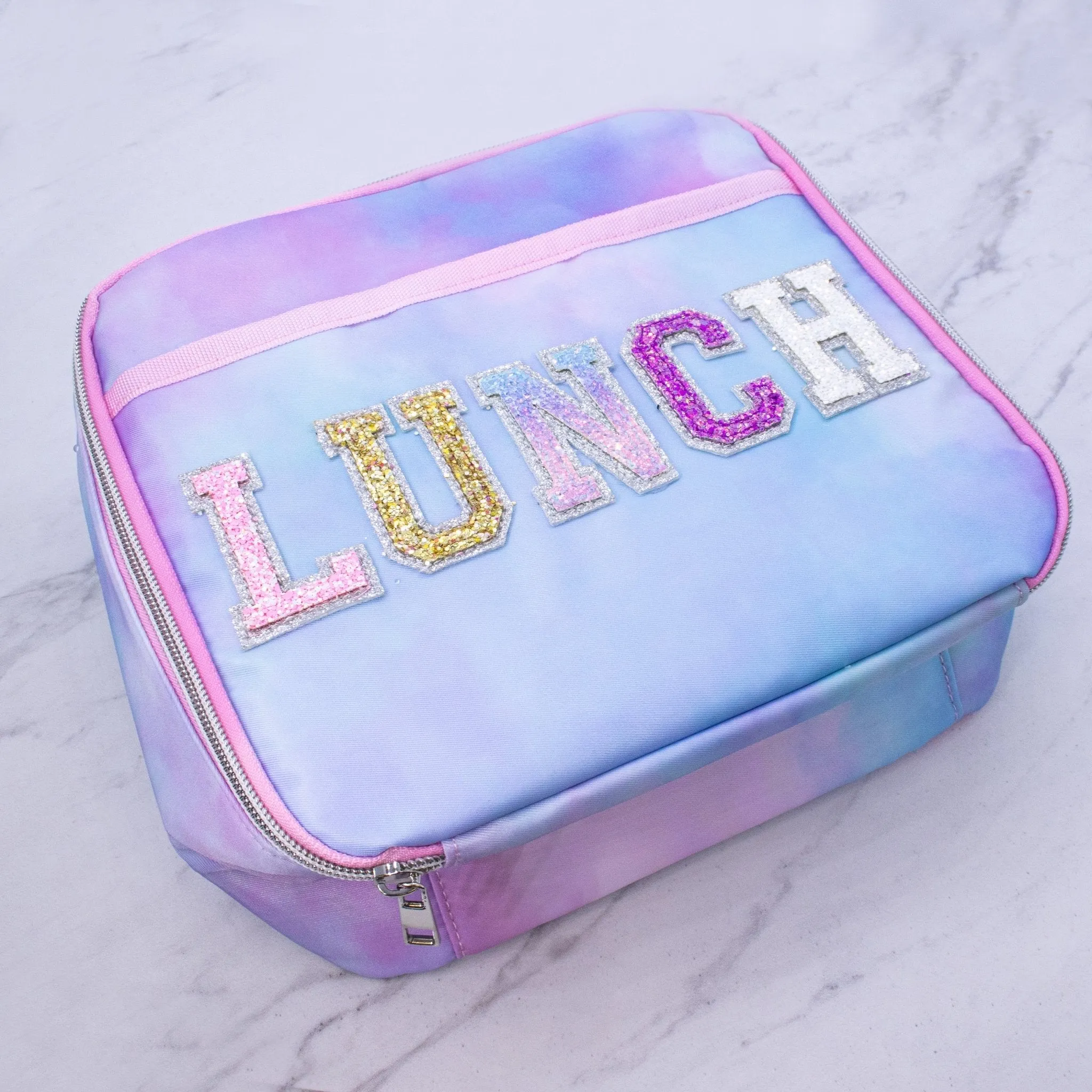 Tie Dye Lunch Box with Glitter Varsity Letter Patches - LUNCH