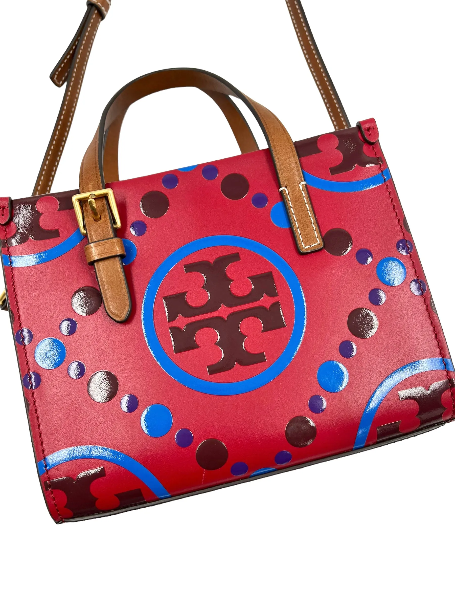 Tory Burch Mini T Leather Monogram Contrast Embossed Square Tote