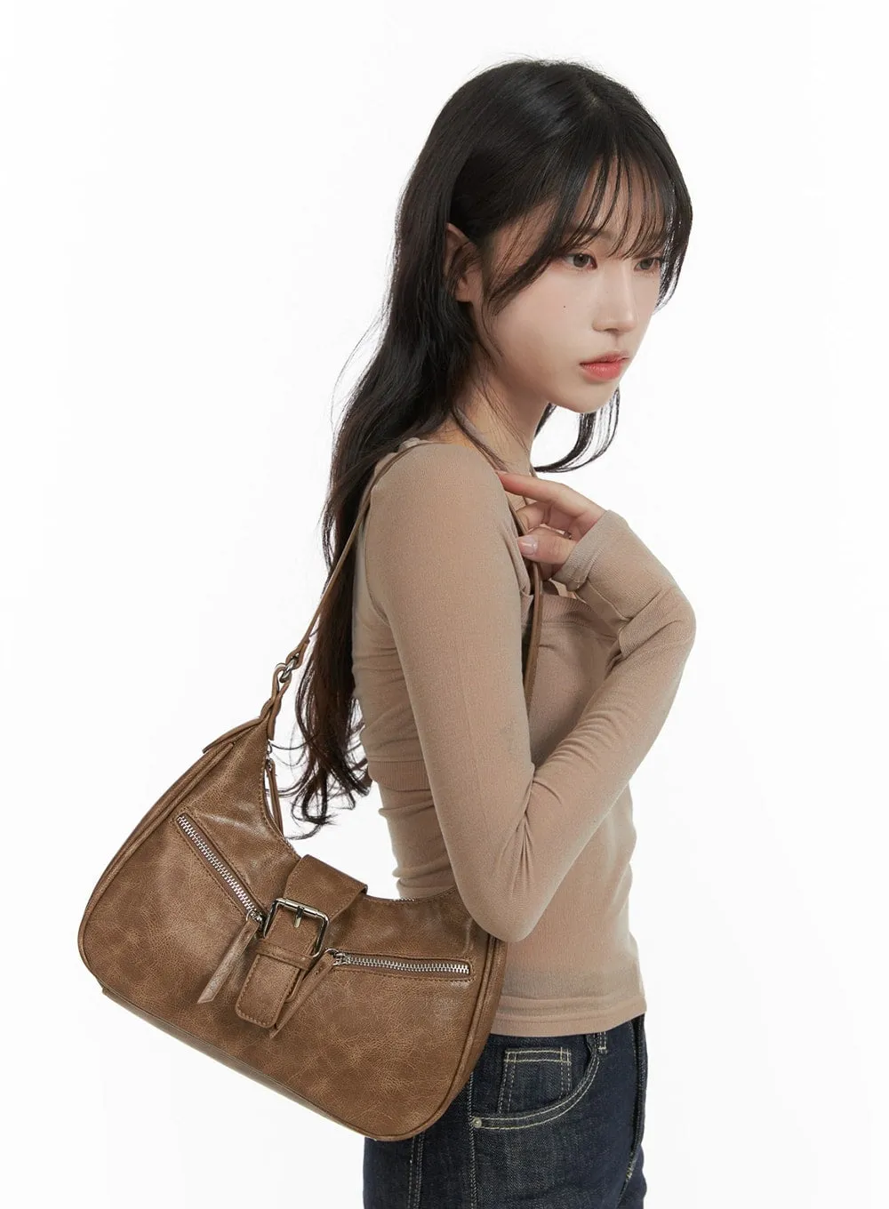 Chic Vintage-Style Washed Faux Leather Shoulder Bag - CA403