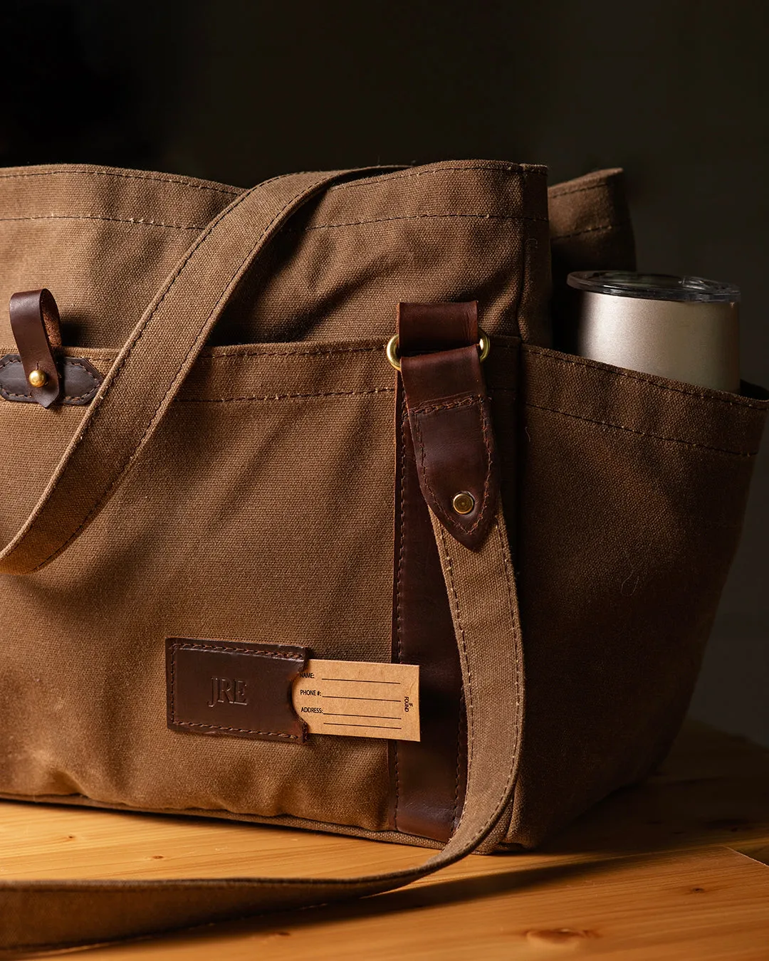 Waxed Canvas Large Tote Bag with Pockets - Brown