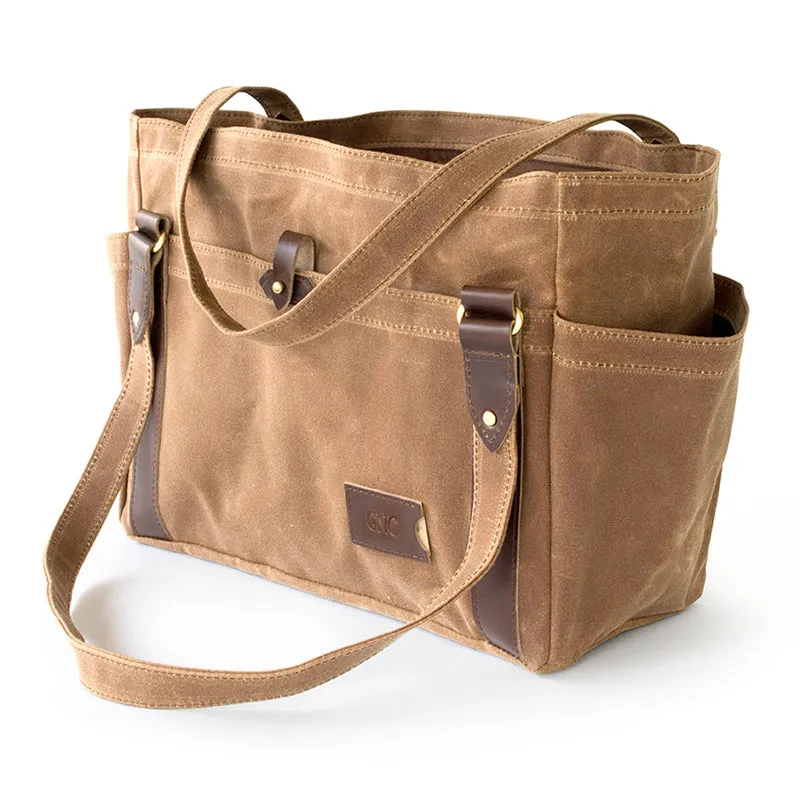 Waxed Canvas Large Tote Bag with Pockets - Brown