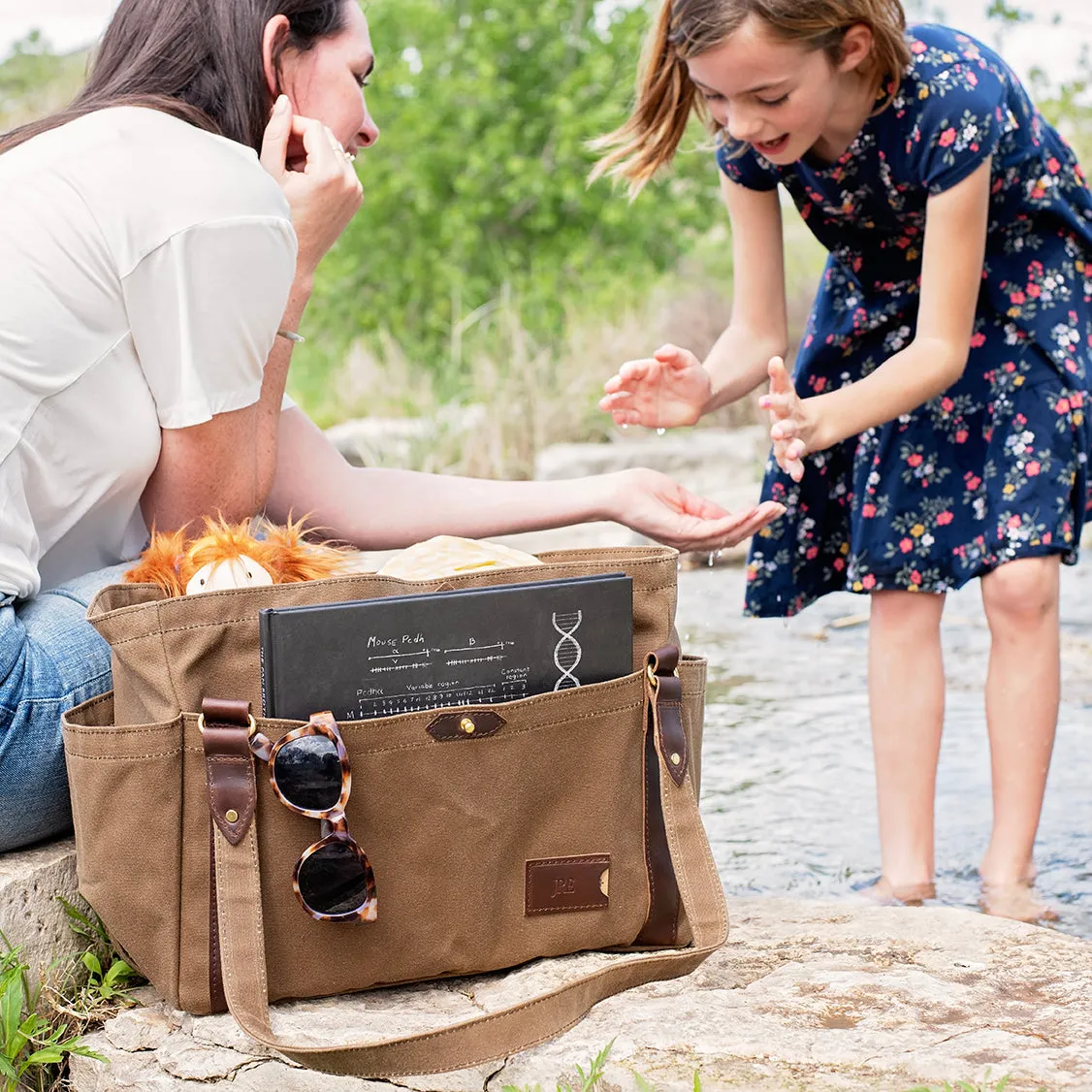 Waxed Canvas Large Tote Bag with Pockets - Brown