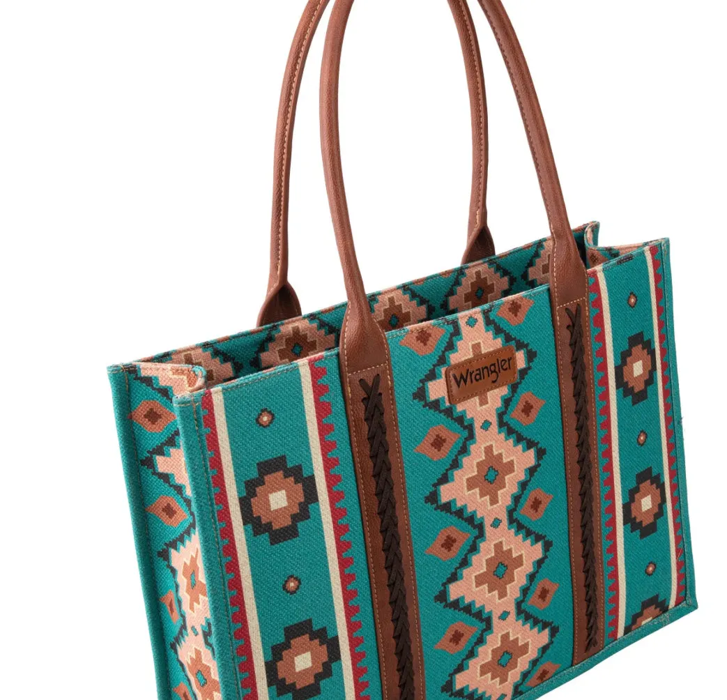 Wrangler Southwestern Pattern Dual Sided Print Canvas Wide Tote Dark Turquoise